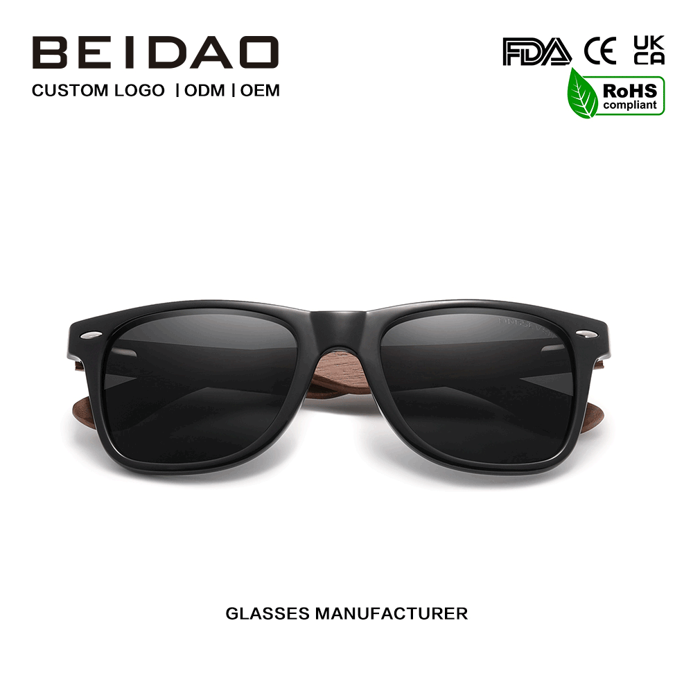 Cermin Mata Hitam Perlindungan UV400 Polarized Walnut Hitam Buatan Tangan