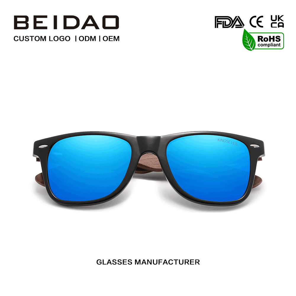 Cermin Mata Hitam Lensa Biru Retro Anti-Reflektif Walnut Moden