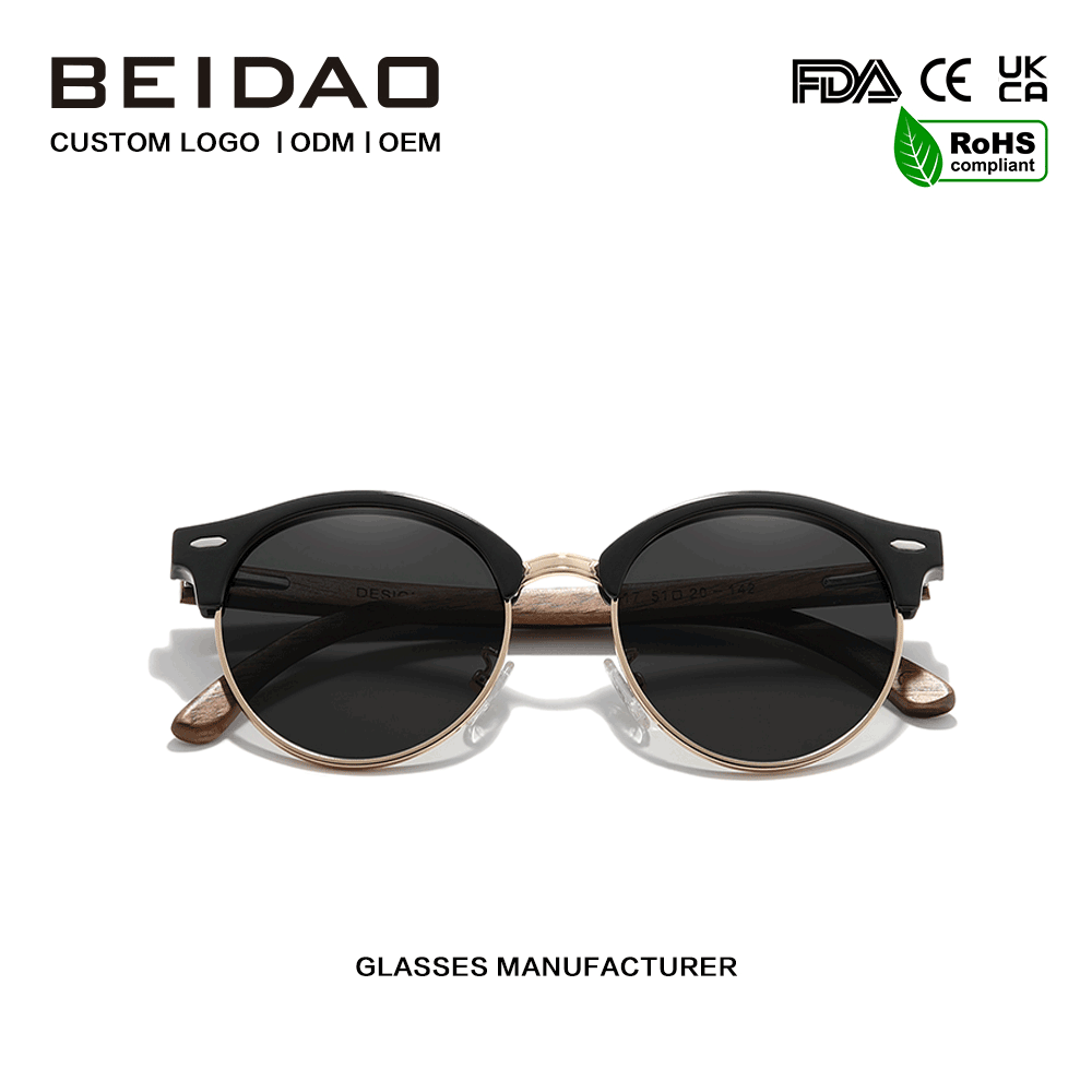 Cermin Mata Hitam Polarized Rim Separuh Rim Kayu Walnut