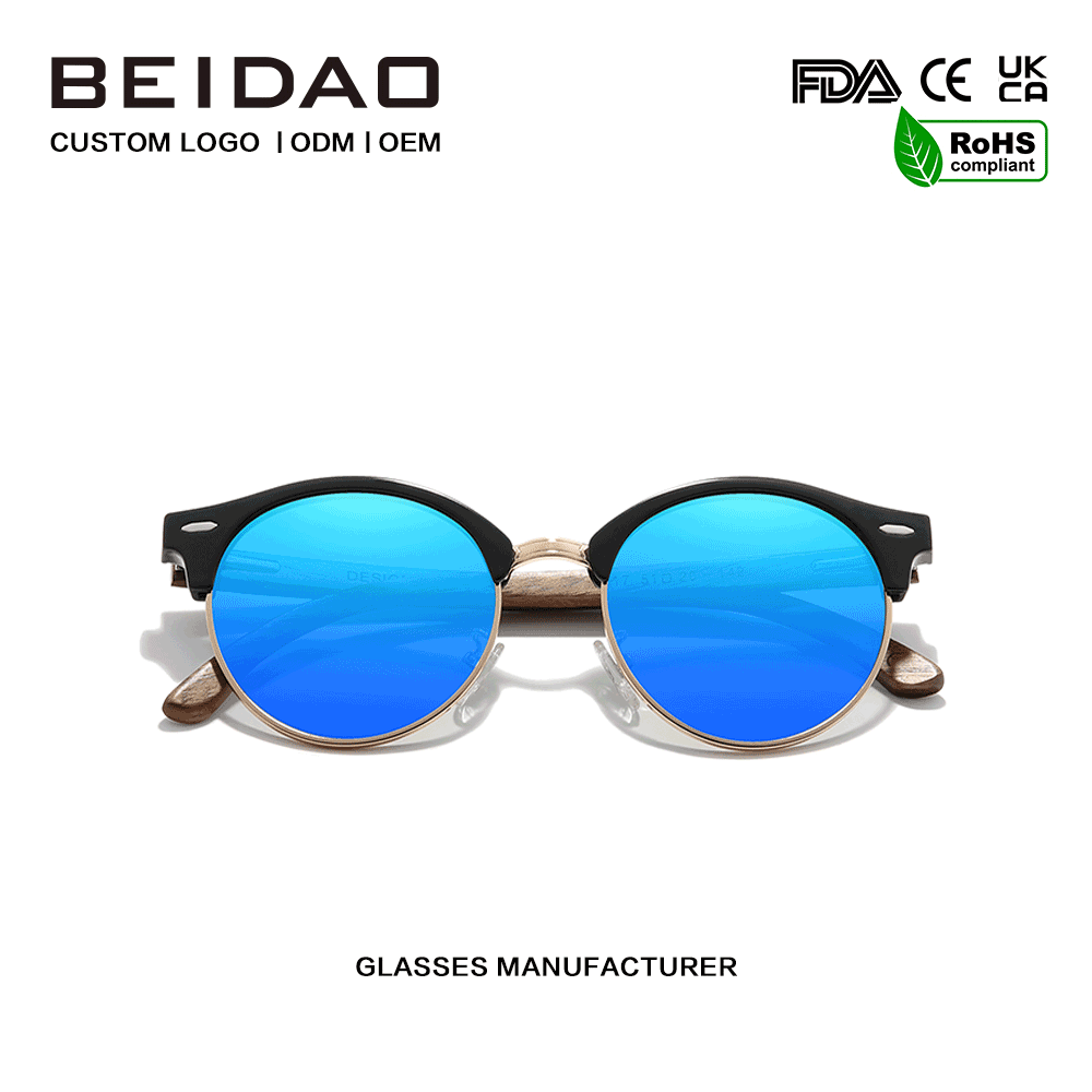 Cermin Mata Hitam Terpolarisasi Biru Kayu Walnut Bulat UV400
